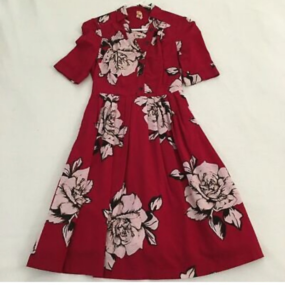 ANTHROPOLOGIE MAEVE DAGMAR RED WHITE FLORAL SHIRT DRESS